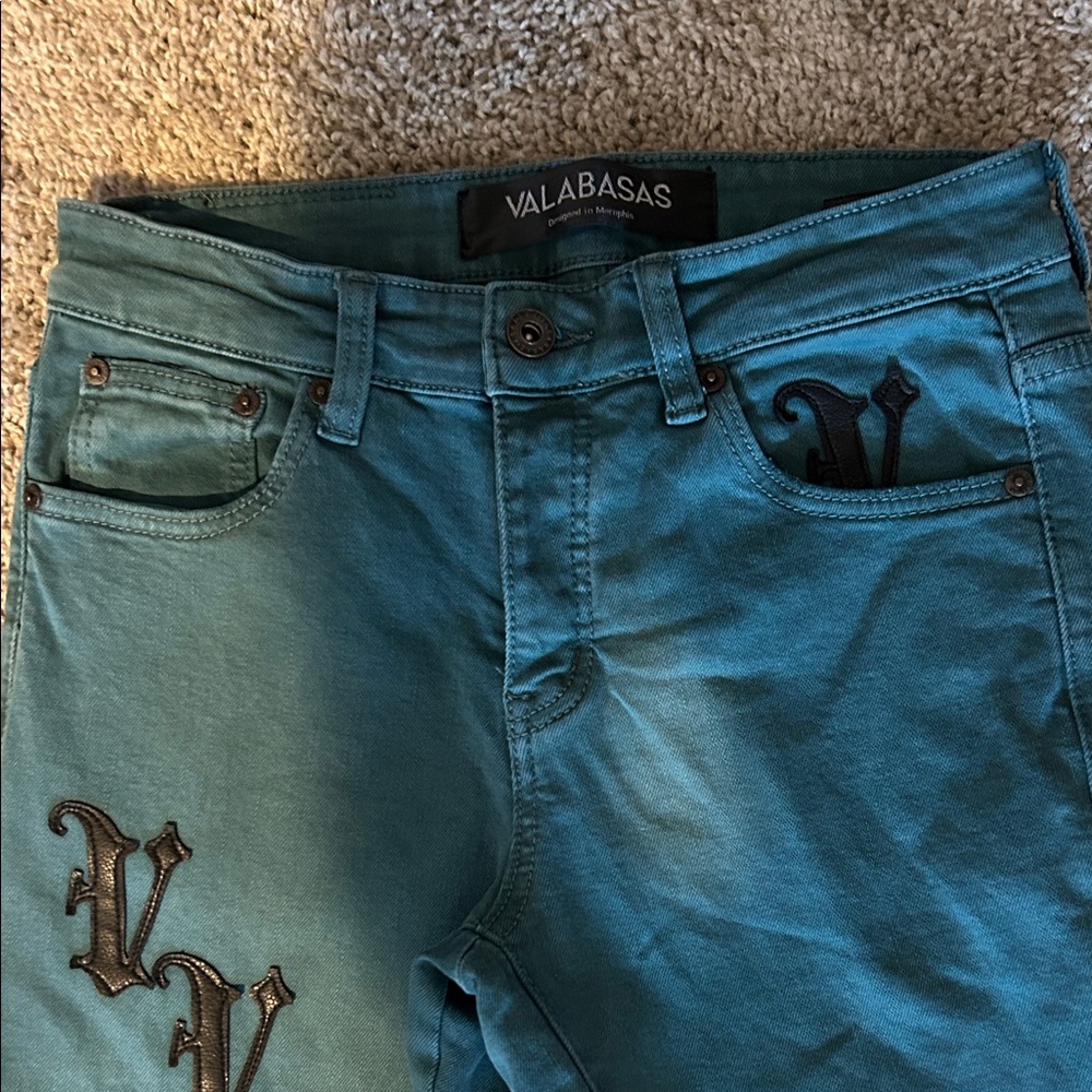 Stylish Teal Stacked Flare Jeans with Black Accents - Picture 2 of 4